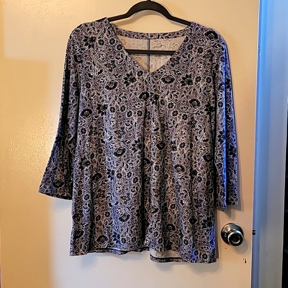Pure Jill -J Jill Blue Floral Printed V Neck 3/4 Sleeve Tee 100% Cotton - L